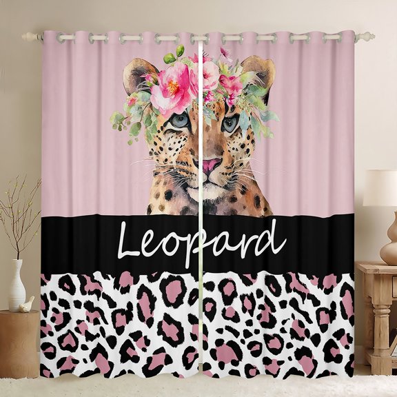 Homewish Cute Cheetah Curtains Pack of 2 (42x84 Each),Jungle Wildlife Curtains Blackout,Leopard Print Pink Flower Bedroom Curtains For Boy Kids,Super Cozy Room Decor