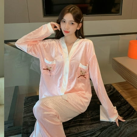 

Casual Pajamas Set for Women Fashion Fleece Cardigan Long Sleeve Sleepwear Fashion Fleece Cardigan Long Sleeve Warming Sleepwear Comfortable Breathable Casual Pajamas Set Autumn Winter Pink 2XL