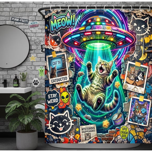 Funny Cat Animal Shower Curtain - Colorful UFO Cat Doodle Bathroom Curtain Waterproof Fabric Set with 12 Hooks for Quirky Cat Lover Bathroom Decor,36X72in