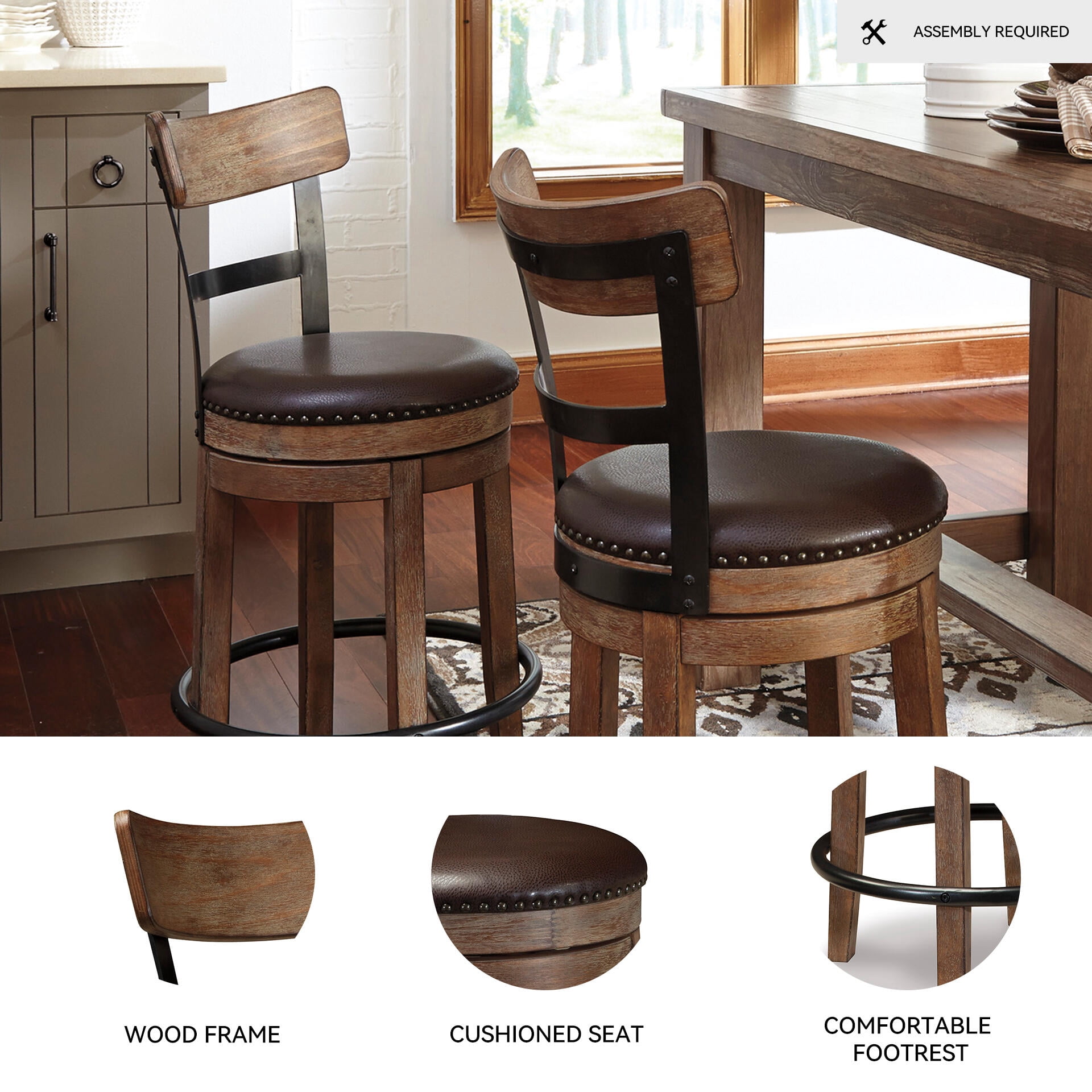 Signature Design by Ashley Pinnadel Swivel Counter Height Bar Stool, Light Brown, Upholstered Chair with Faux Leather Seat and Metal Footrest