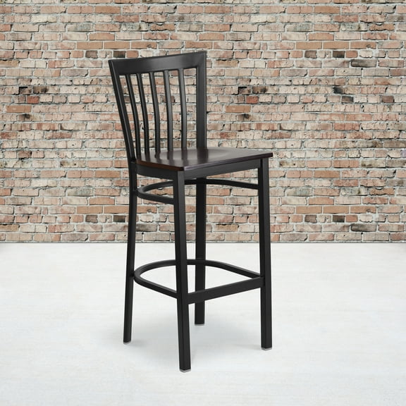 BizChair Black School House Back Metal Restaurant Barstool - Walnut Wood Seat