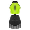 thumbnail image 4 of YiZYiF Womens Sparkle Latin Dance Leotard Tassel Skirt Halter Backless Bodysuit Cha Cha Rumba Shows Fluorescent Yellow L, 4 of 6