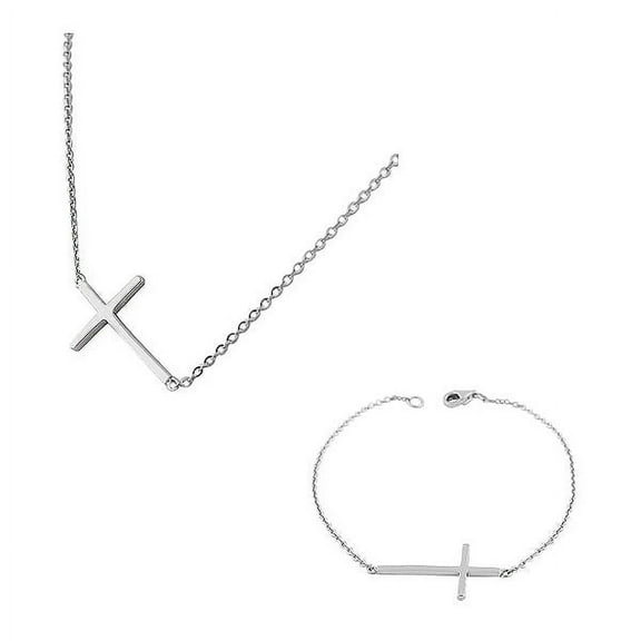 925 Sterling Silver Sideways Religious Cross Chain Pendant Necklace Bracelet Set