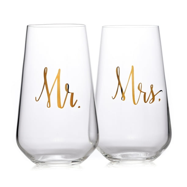 Bezrat Mr & Mrs Stemless Wine Glasses [Set Of 2] His & Hers Drinking Cups For Engagement