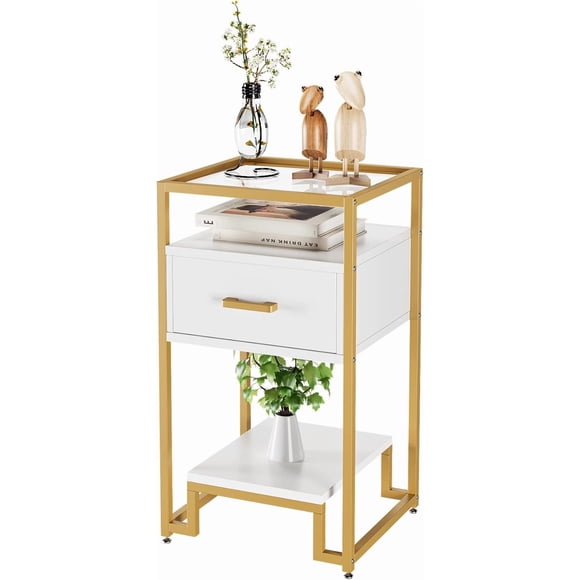 Qinaqin Blanco Nightstand End Mesa Almacenamiento Cajón 3-Tier Tempered Vidrio Top. Steel Frame Easy Assembly para Dormitorio o cm de Profundidadorm