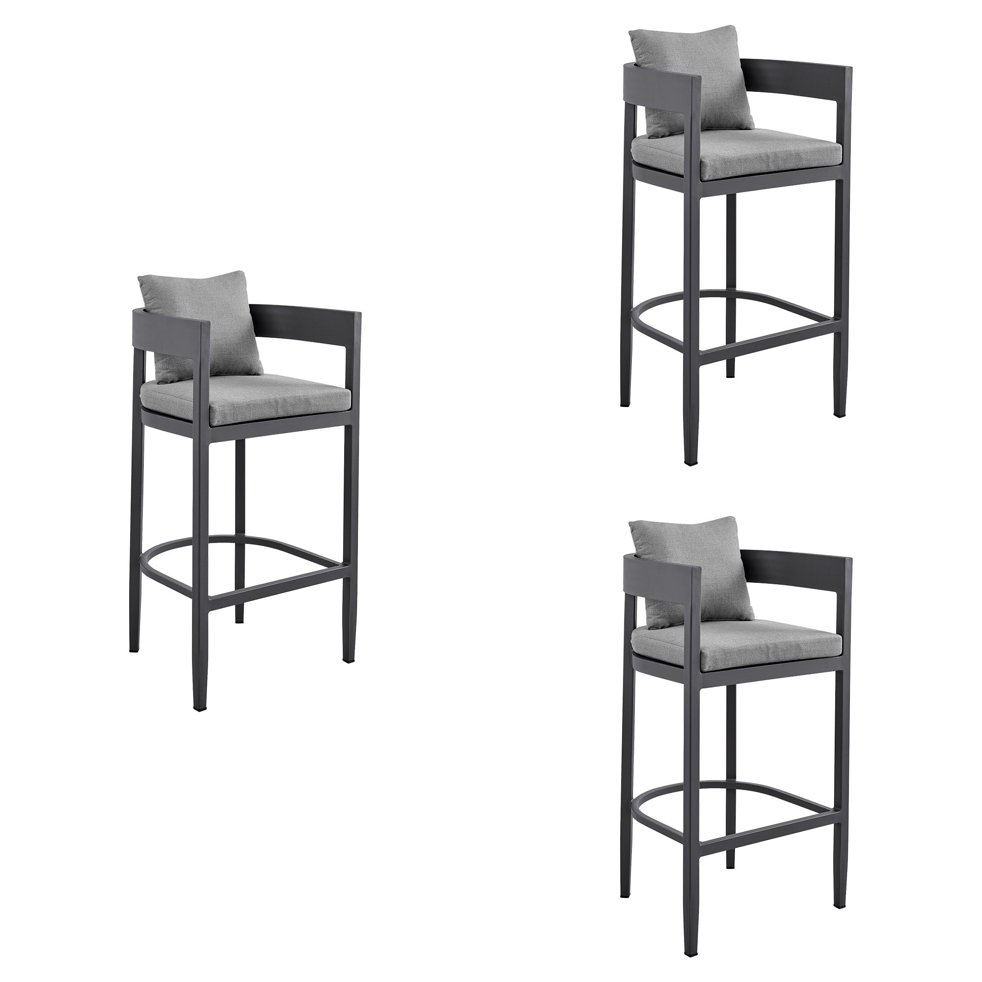 Menorca Outdoor Patio Bar Stool in Aluminum with Gray Cushions - Set of 3