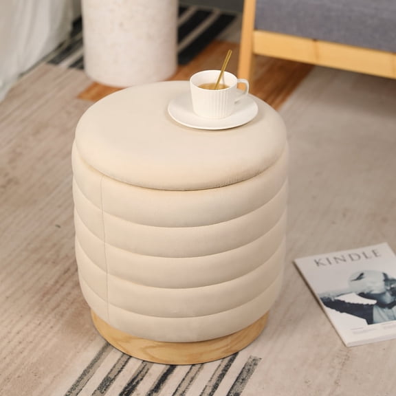 Round Ottoman Storage Box Dutch Velvet Pouffe Footstool 15.5'' Padded Stool Seat with Wooden Base, Footrest Vanity Stool with Lids