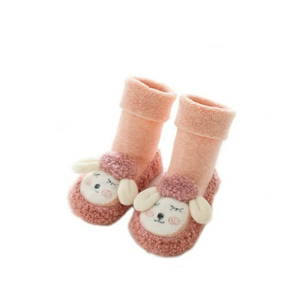 

DNDKILG Newborn Infant Girls Boy Fleece Slippers Floor Socks Baby Toddler Winter Cartoon First Walkers Shoes Pink 0-2Y