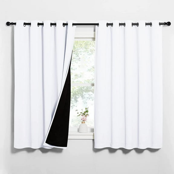 White 100% Blackout Lined Curtains, 2 Thick Layers Completely Blackout Window Treatment Thermal Insulated Drapes for Kitchen/Bedroom (1 Pair, 62 inches Width x 63 inches Length Each Panel)