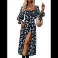 thumbnail image 3 of Vestido Midi Bohemio Floral de Larga con Cuello Cuadrado para Mujer, Informal, Estampado con Abertura Lateral Azul L, 3 of 8