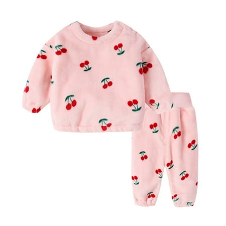 

1-6 Yrs Kids Pajamas Little Girls Boys Coral Fleece Warm Pajamas Sets Long Sleeve Pjs Set Pink Cherry 4-5 Years
