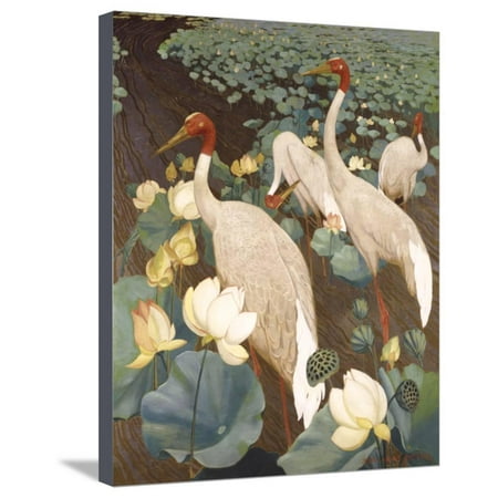 Indian Sarus Cranes on Gold Leaf Stretched Canvas Print Wall Art By Jesse Arms