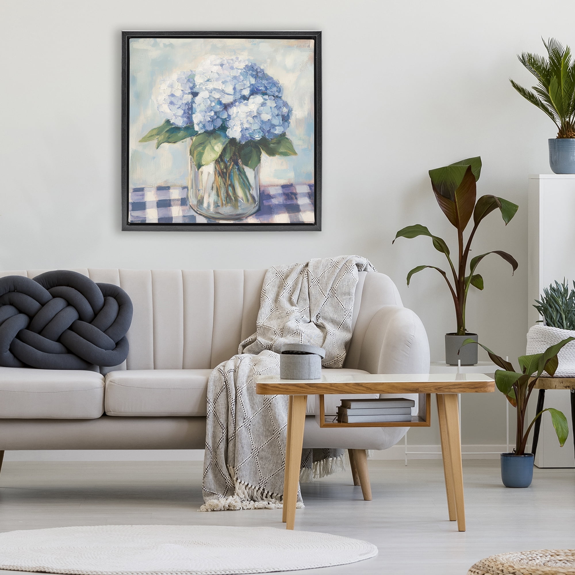 Stupell Industries Hydrangeas on Gingham Tablecloth Black Framed Floater Canvas Wall Art, design by Petal Prints Design