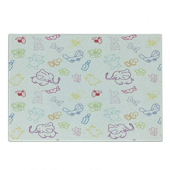 Cartoon Cutting Board, Drawing Style Elephants Teddy Bears Flowers Butterflies Bees Pattern, Decorative Tempered Glass Cutting and Serving Board, Small Size, Multicolor, by Ambesonne