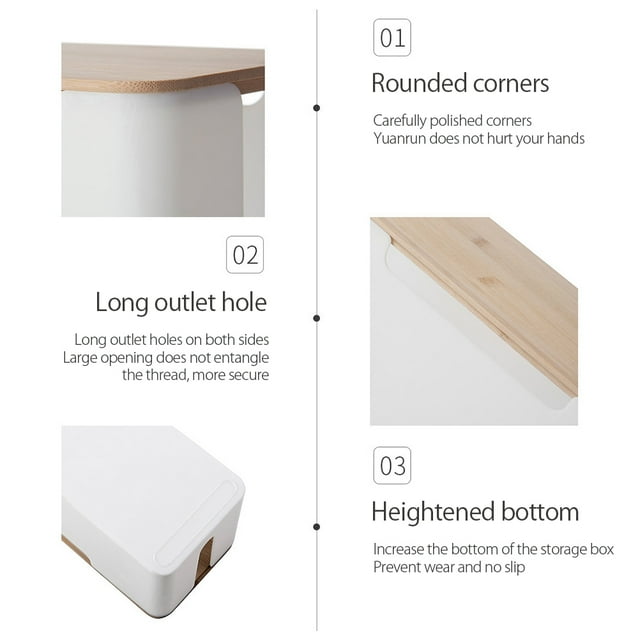 Cable Management Box Cable Organizer Box by Estink, crafted from bamboo board and HIPS material, measuring 23.5x12x12.5cm. Designed with rounded corners, long outlet holes for secure wire management, and a heightened bottom for stability. Suitable for hiding power cords, surge protectors, and organizing cables in desktop or kitchen setups. Often used for tidying small electronics cables.