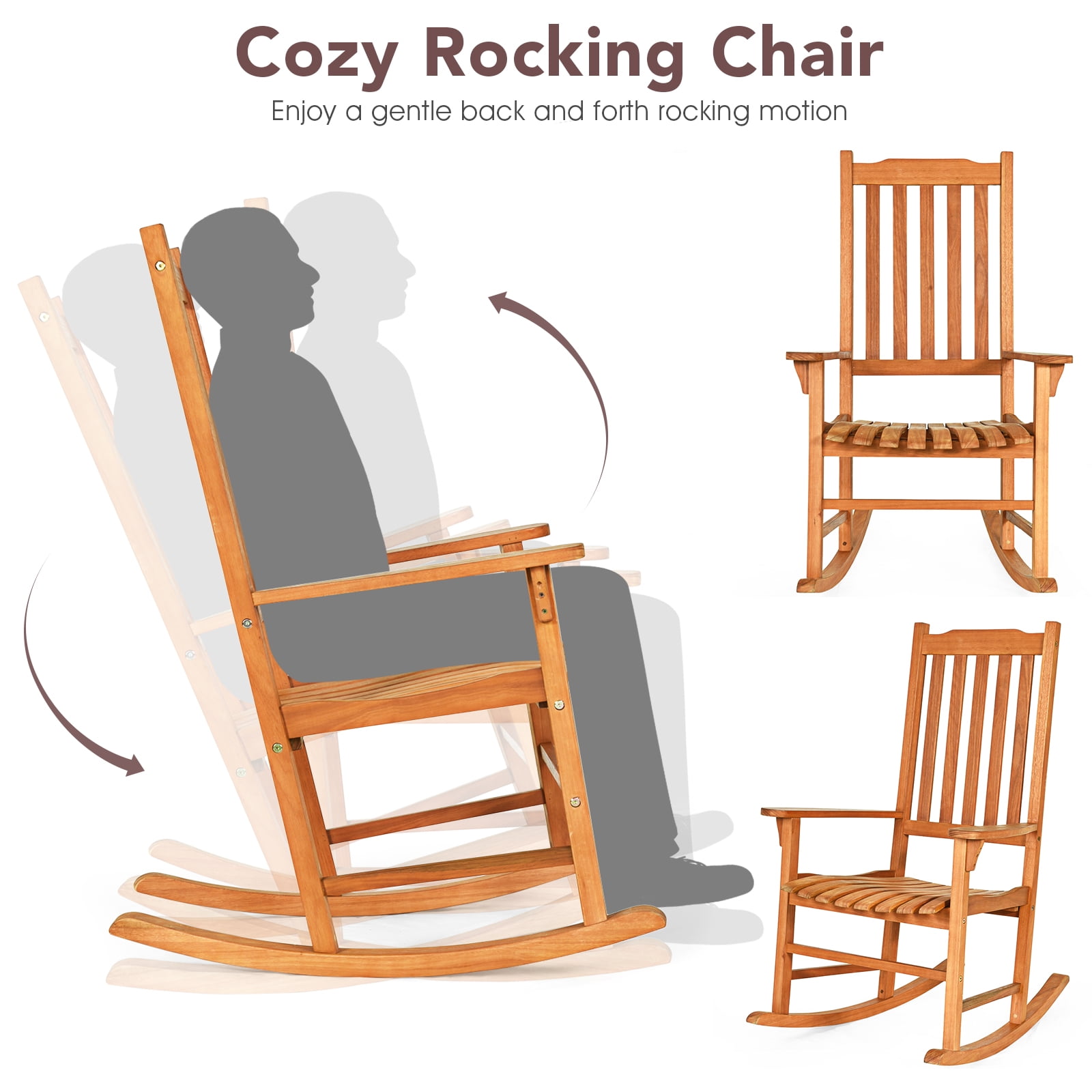 Patiojoy Outdoor Single Rocking Chair Wooden Patio Rocker Chair Natural Wood