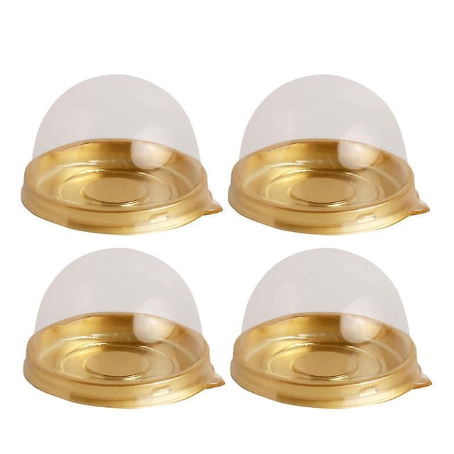 50 cajas para cupcakes oro Allinless, cajas plásticas individuales 7x7x5cm con base dorada y tapa cúpula transparente, vista frontal centrada que muestra silueta redonda y borde elevado. Adecuadas para transportar o enviar cupcakes y también suelen usarse para presentar pequeños postres.