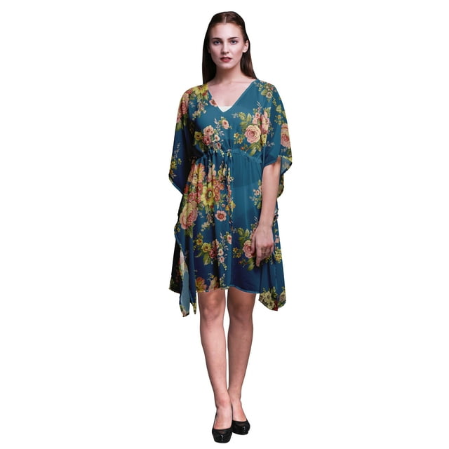 Bimba Caftan de Plage Bleu à Fleurs Roses, Paréo de Bikini, Robe Midi Courte pour Femmes, Caftan Court-4x-5x