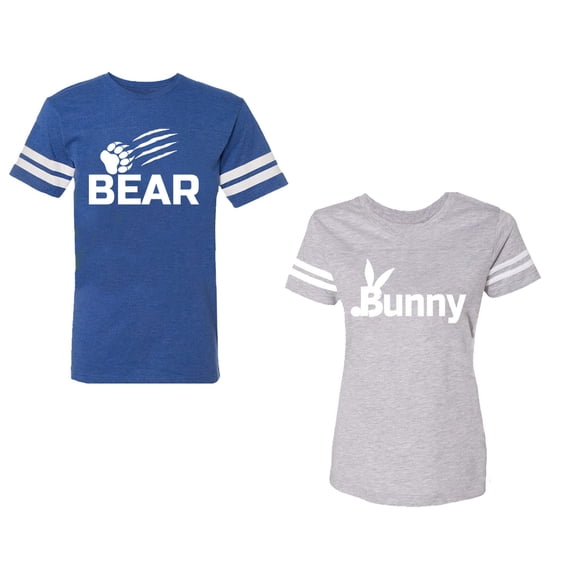 Bear Bunny Unisex Couple Matching Cotton Jersey style T-Shirt Contrasting stripes on sleeves (Men Royal / Women Heather) (Men XXL / Women S)