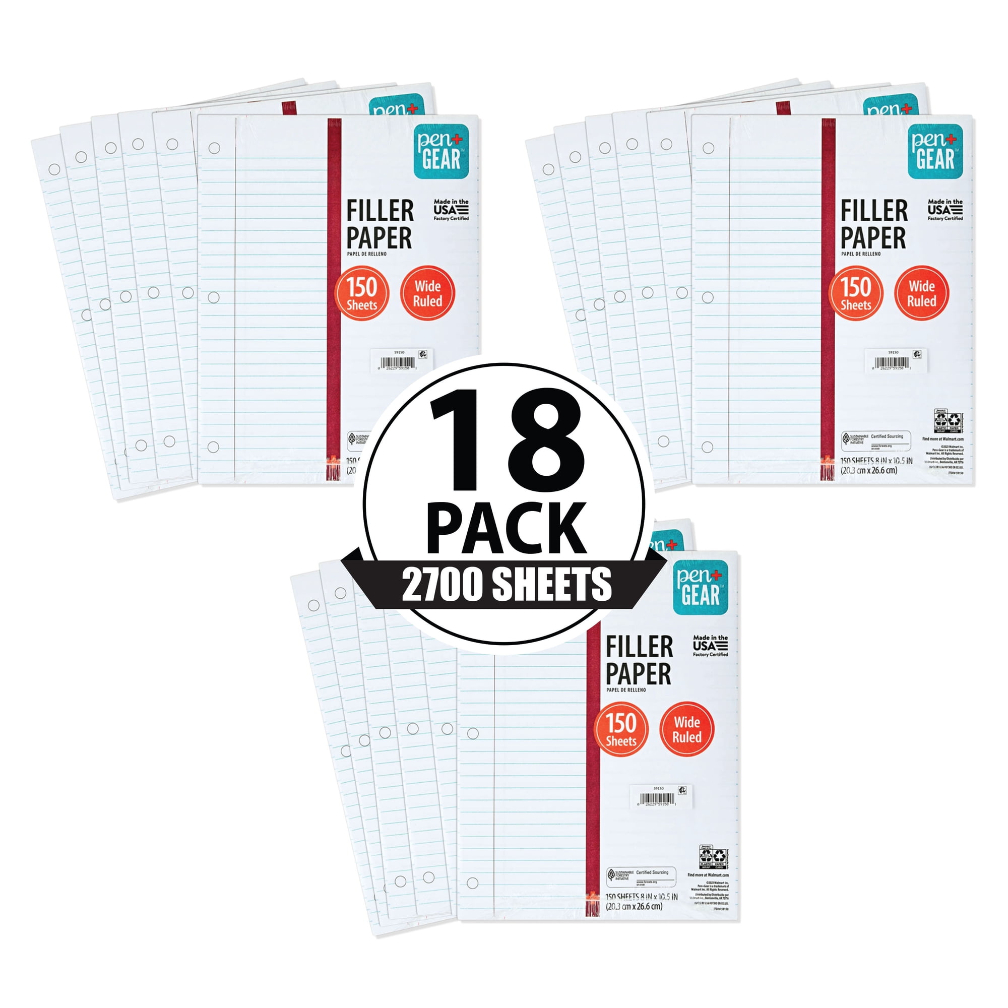 Pen+Gear Wide Rule Filler Paper, 8 x 10.5 in, 150 Sheets Each, 18 Pack