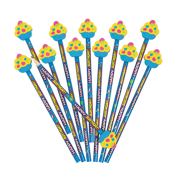 Happy Birthday Pencils W/ Cupcake Topper - Stationery - 12 Pieces