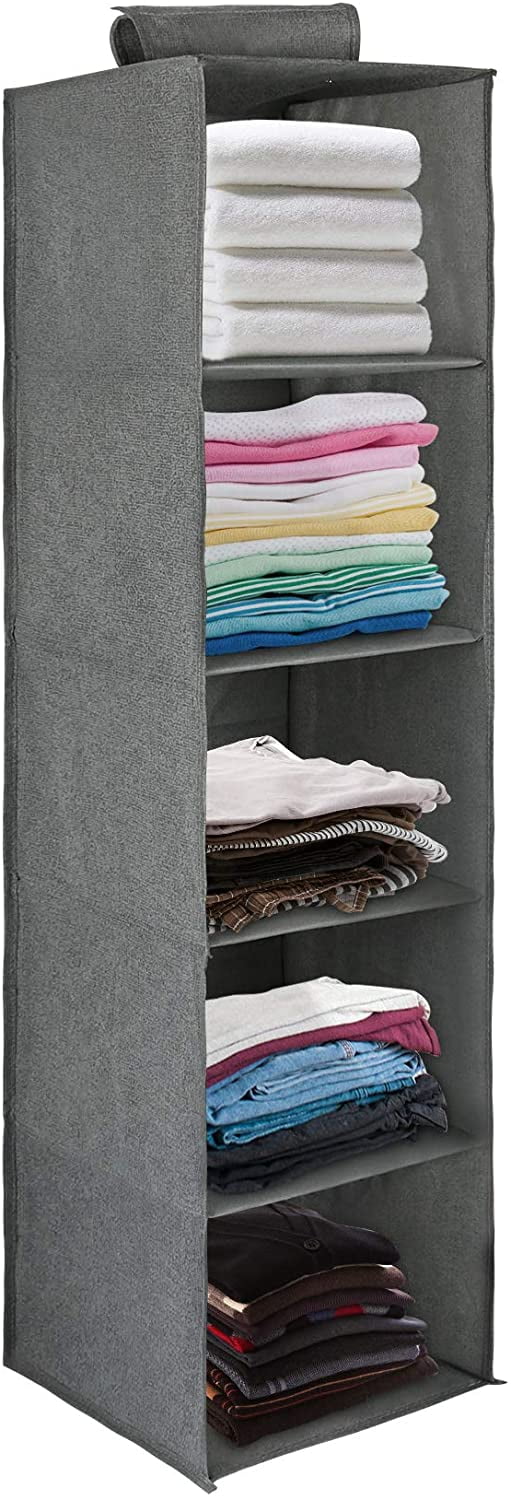 Clothes & Shoes Hanging Cupboard Storage Strong & Durable Hanging Shelves with Metal Hooks Breathable 5-Shelf Hanging Wardrobe Storage Organiser Easy Access Closet Storage System with Pockets