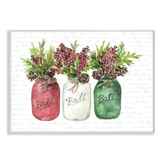 Stupell Industries Mason Jar Christmas Foliage Holiday Design Wood Wall Art By Artist Lettered and Lined