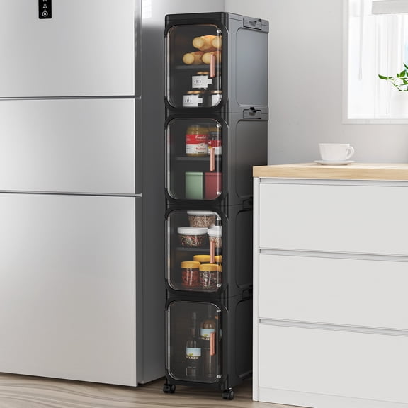 BROVIEW 4-Tier Slim Storage Cabinet-Foldable Narrow Bathroom Organizer, Adjustable Fridge & Vanity Gap Shelf Unit, Easy Roll Casters, Waterproof for Laundry, Kitchen,Black