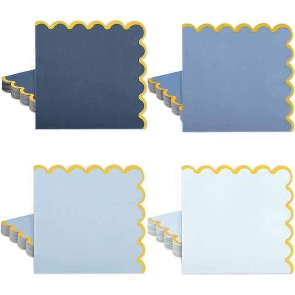 100 Pcs Dusty Blue Party Napkins Gradient Blue Scalloped Gold Foil Disposable Paper Napkins 6.5" Luncheon Napkin for Birthday Baby Shower Anniversary Reception Party Supplies