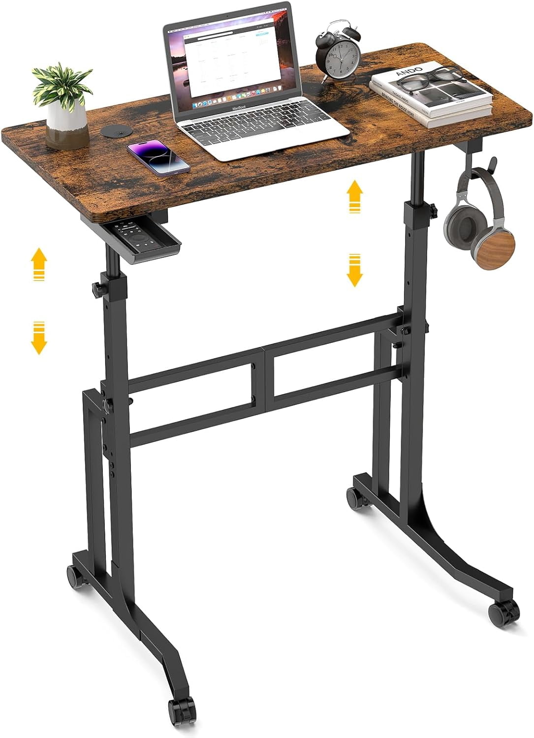 Standing Desk with Wheels Adjustable Treadmill Desk Rolling Bike Trainer Desk for Walking Pad Laptop Phone Standing Brown Ergonomic Home Office Workout Station