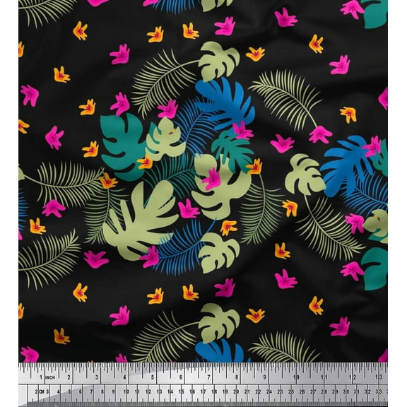 Soimoi Black Cotton Duck Fabric Floral & Leaves Tropical Printed Fabric 1 Yard 42 Inch Wide