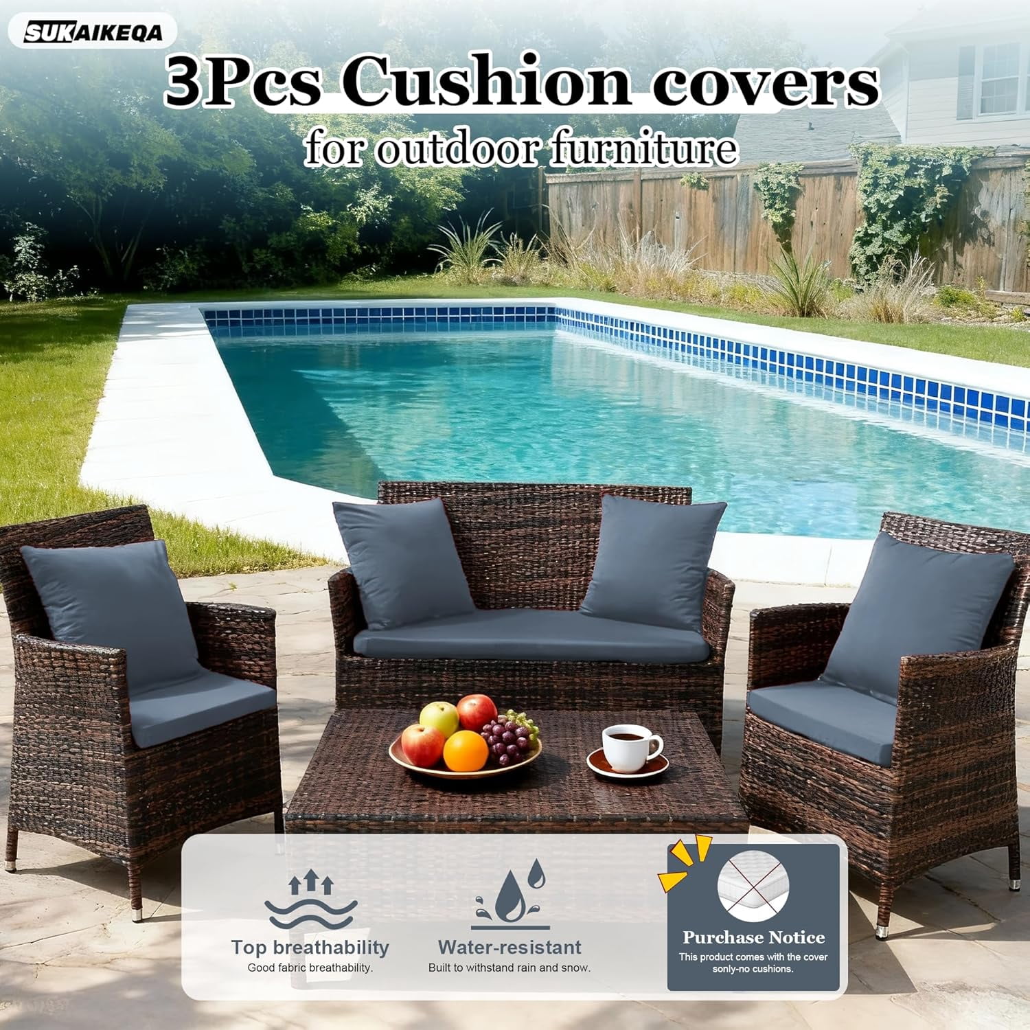 Waterproof 3-Piece Patio Sofa Cushion Cover Set - Replacement Covers for Outdoor Wicker Furniture, Bench & Seat Cushions with 4pcs Throw Pillow Cover