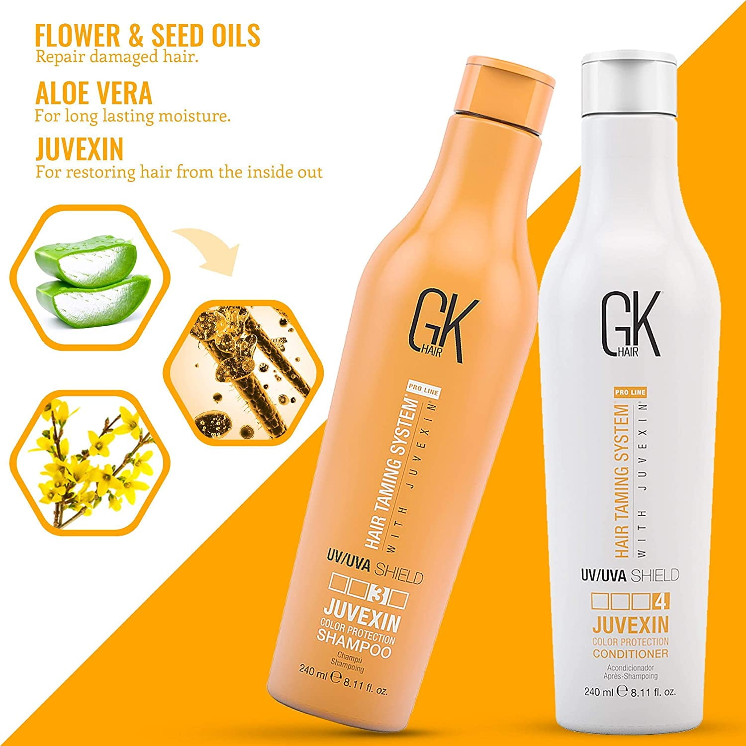 Global Keratin GK Hair Shield Shampoo and Conditioner Duo (240ml/ 8.11 fl. oz) | Against Sun, UV/UVA Rays | For Dry, Split Ends with Aloe Vera and Natural Oils - All Hair Types