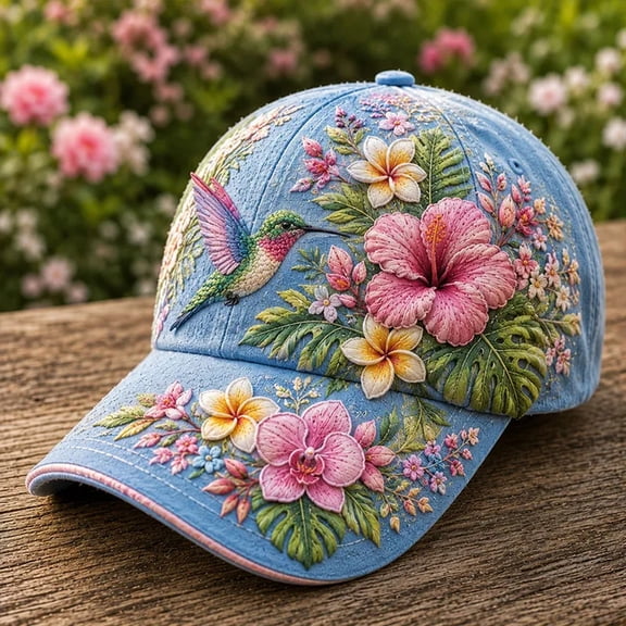 Breast Cancer Awareness Baseball Hat for Women, Hummingbird Tropical Floral Design for Support Walks and Travel, Sky Blue