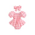 thumbnail image 1 of xiaxaixu Baby Girls Romper Dress Set Checkerboard Print Summer Ruched Short Sleeve Jumpsuits and Elastic Headband, 1 of 9