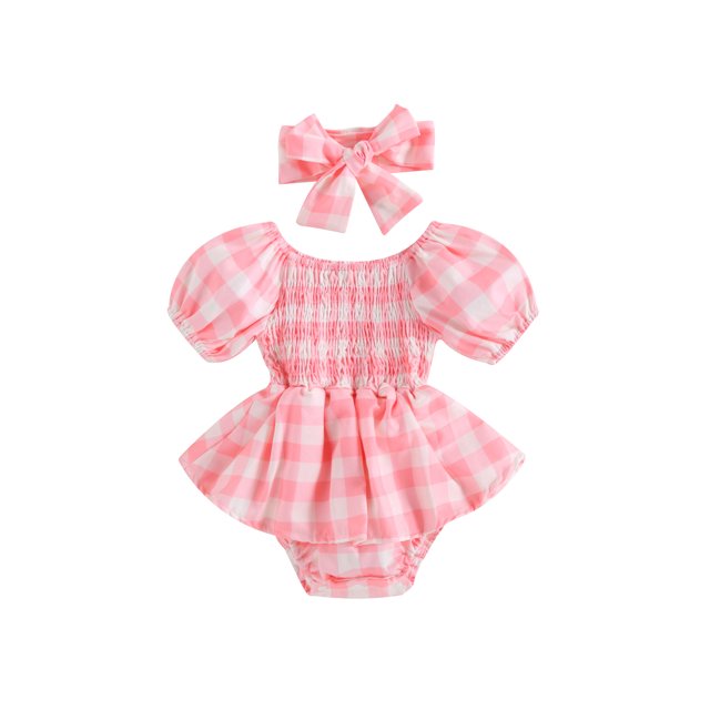 xiaxaixu Baby Girls Romper Dress Set Checkerboard Print Summer Ruched Short Sleeve Jumpsuits and Elastic Headband