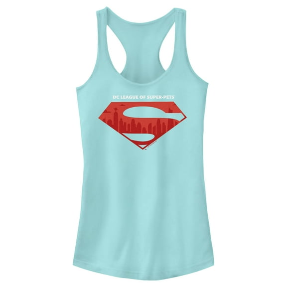 Junior's DC League of Super-Pets Skyline Superman Crest  Racerback Tank Top Cancun Large