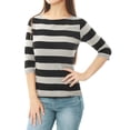 thumbnail image 2 of Allegra K Women's Casual Round Neck Elbow Sleeves Slim Fit Stripes T-Shirt, 2 of 6