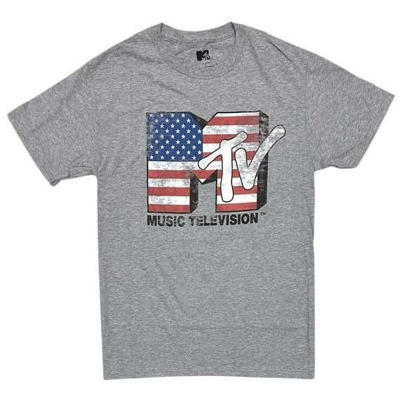 MTV Music Television Men's T-Shirt USA American Flag Distressed Print Tee (Small, Heather Grey)