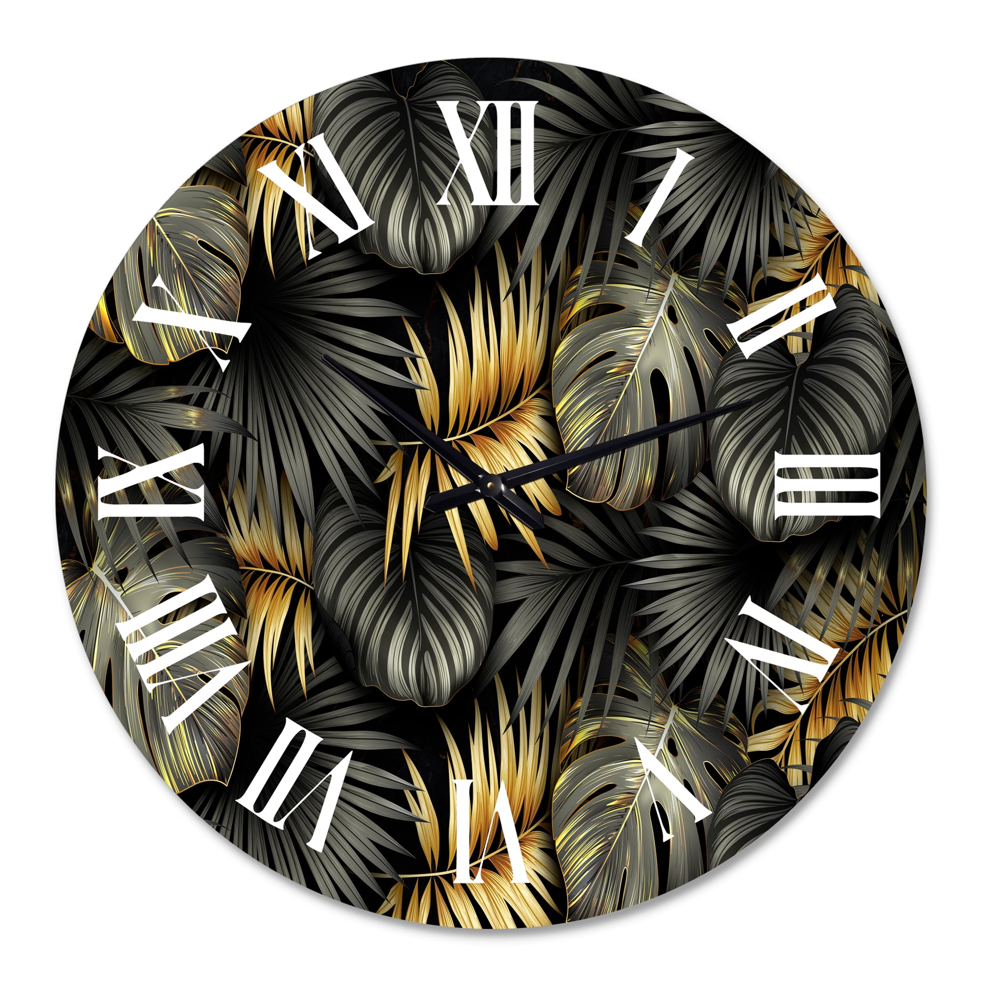 Designart 'Black And Gold Tropical Leaves Ii' Modern Wall Clock