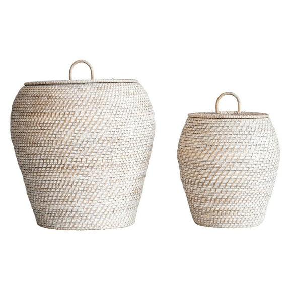 Sprinkle & Bloom Whitewashed Rattan Decorative Basket with Lids - Set of 2