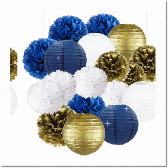Navy Blue Bliss Party Kit: 18pcs White & Gold Tissue Paper Pom Poms, Honeycombs, Lanterns - Perfect for Bridal & Baby Showers!