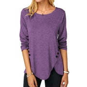 Esobo Womens Casual Long Sleeve Tunic Shirts Round Neck Button Side Blouses Tops