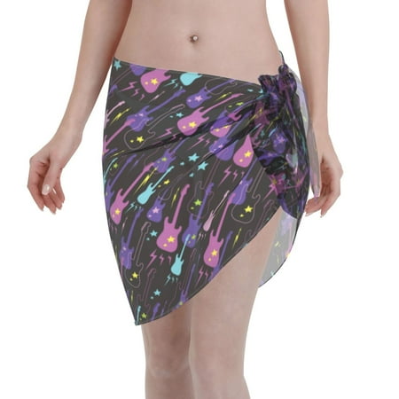 Qekee Colorful Guitar Women s Short Sarongs Cover Ups Sheer Bikini Wraps for Swimwear