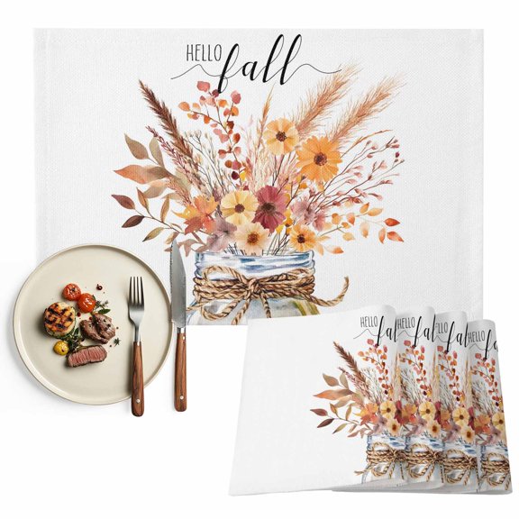 Hello Fall Placemats Set of 2 Thanksgiving Flower Bottle Heat Insulated Linen Place Mats, Washable Stain-Proof Table Mats for Dining Tables Holiday Decor 13x19inch