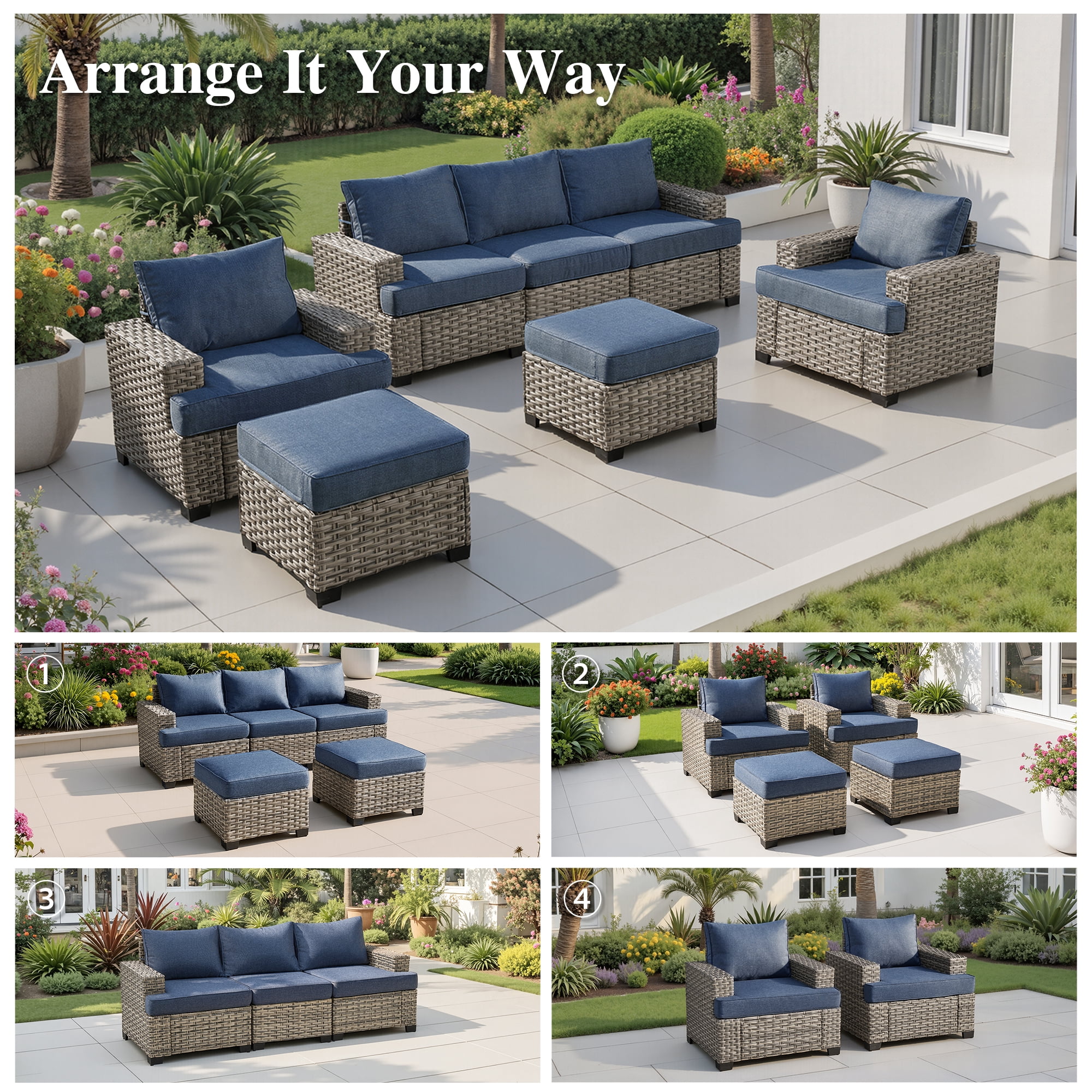 Ovios 7 Pieces Outdoor Patio Furniture Set All-Weather Rattan Wicker Sectional Sofa and Chairs with Ottomans, Denim Blue