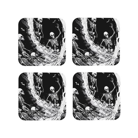 

Leather Coasters Set of 4 - Skeleton Wave Artwork Lightweight Non-Slip Drink Coasters for Desk Anti-Scalding Desk Cup Coasters for Office Table Decor Square
