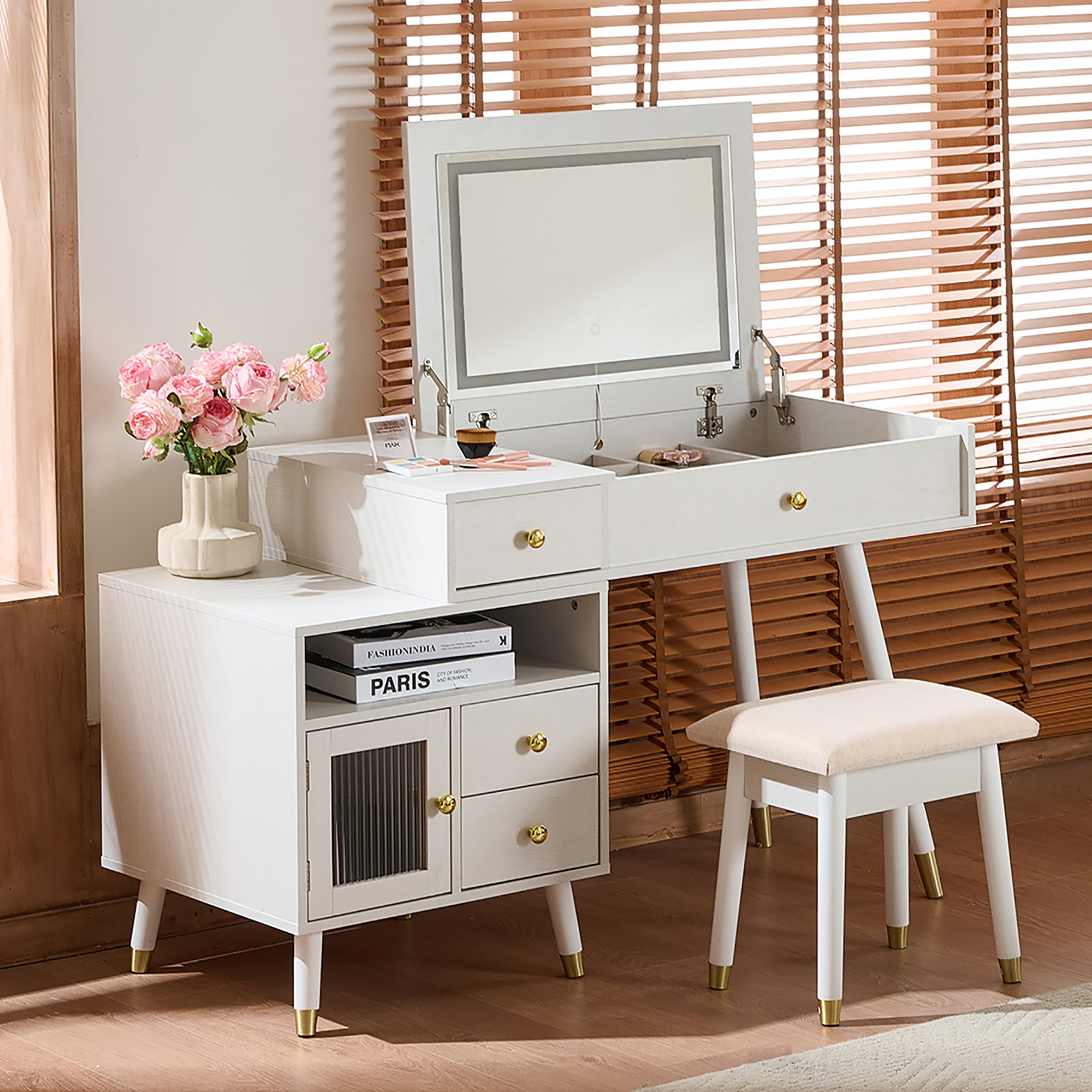Euroco 3-in-1 Vanity Desk with Lighted Flip-Top Mirror & Adjustable Cabinet, Makeup Dressing Table with Stool, Dresser with Drawers for Bedroom, White