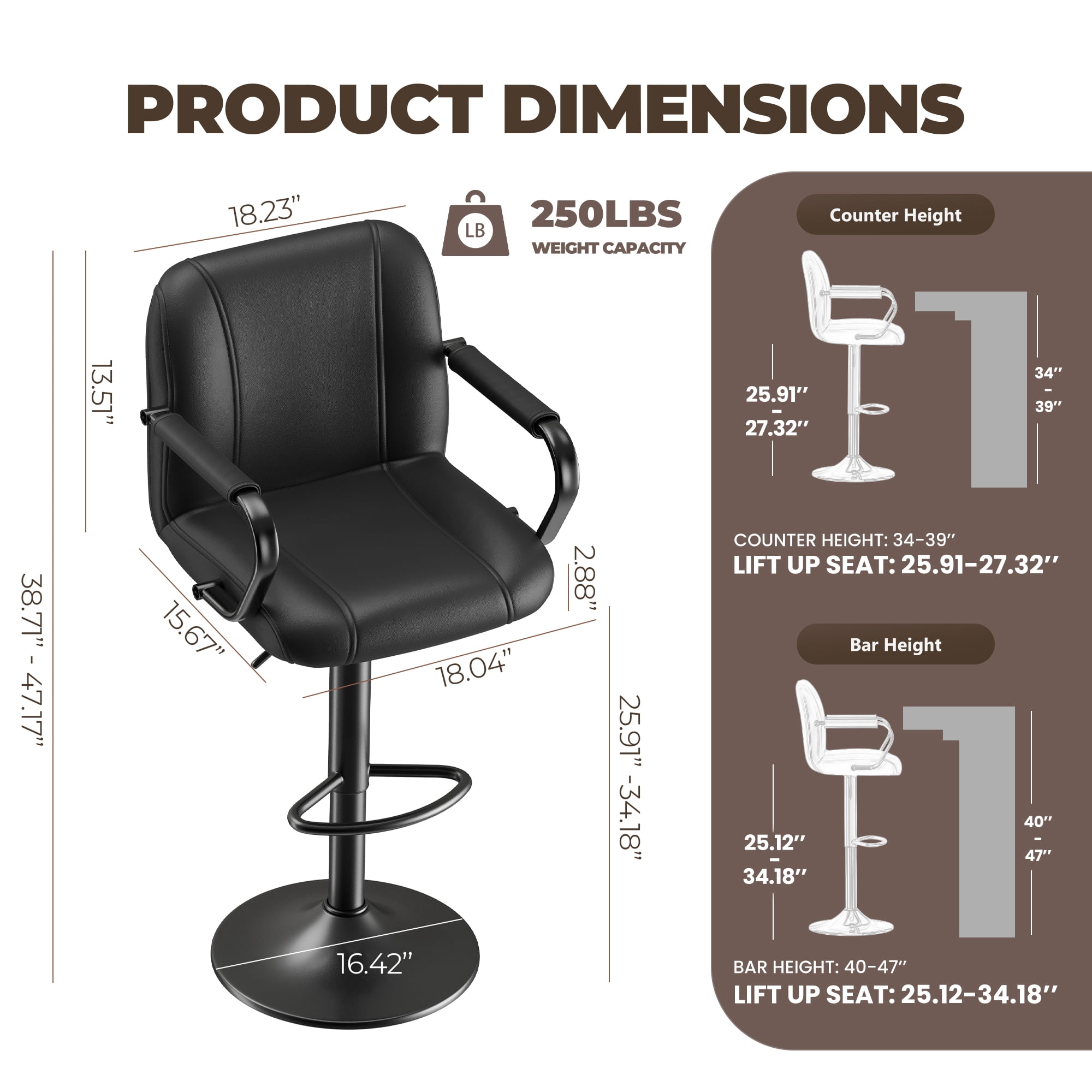 AFO Modern PU Leather Bar Stool with Backrest and Armrests, Height Adjustable 360° Swivel Counter Chair, Black