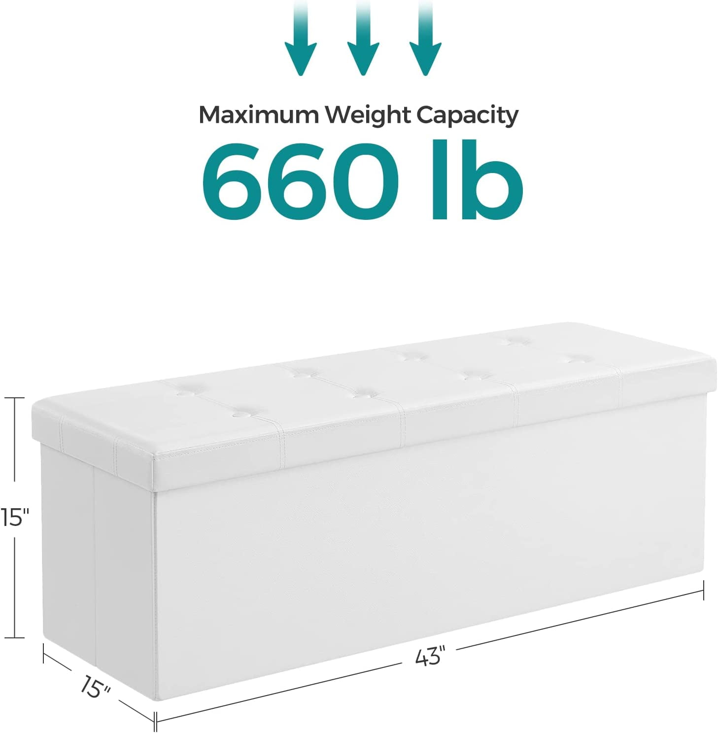 SONGMICS 43" Storage Ottoman Bench Leather Ottoman with Storage Hold up to 660lb Folding Footstools for Bedroom Living Room White